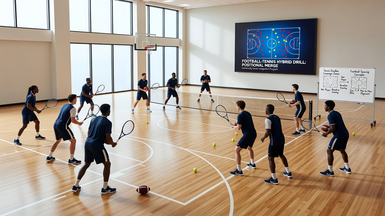 Group of young players executing tennis doubles coverage patterns overlaid on football tactical zones during a community session