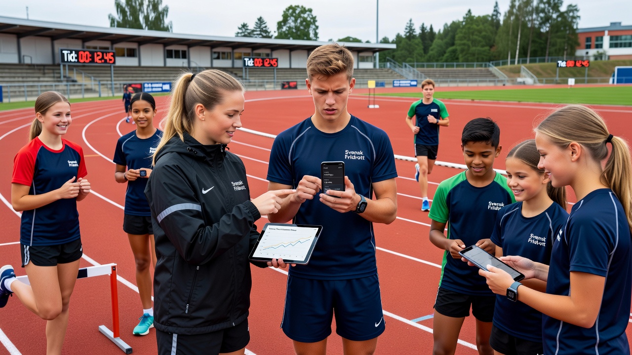 Handball youth team analyzing workload data collected via digital tracking applications in a Swedish indoor facility