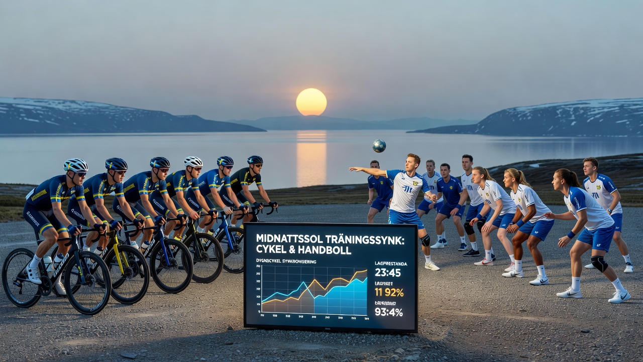 Handball squad and cycling team sharing training facility under artificial lights during transitional season in northern Sweden