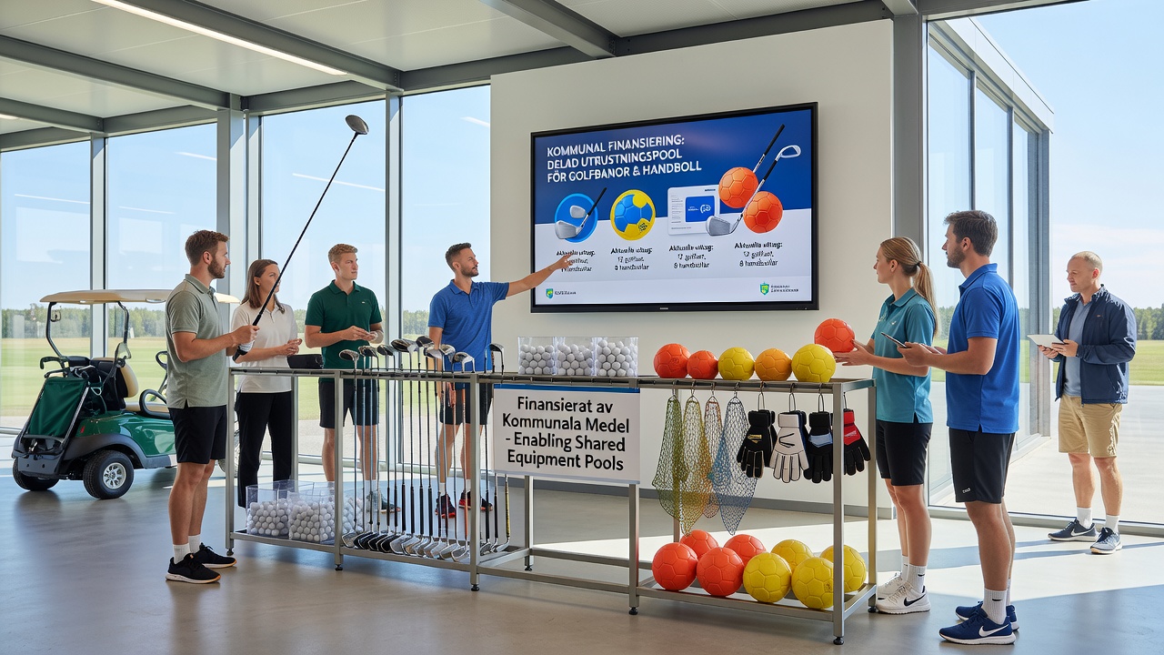 Youth athletes participating in coordination drills using shared agility equipment at a Swedish handball arena adjacent to golf training areas
