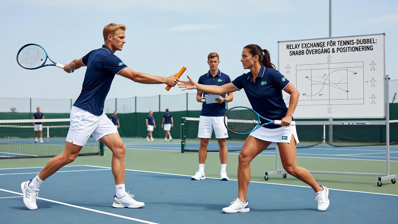 Tennis doubles players running synchronized drills on a court with athletics-style exchange markers and coaches timing the movements