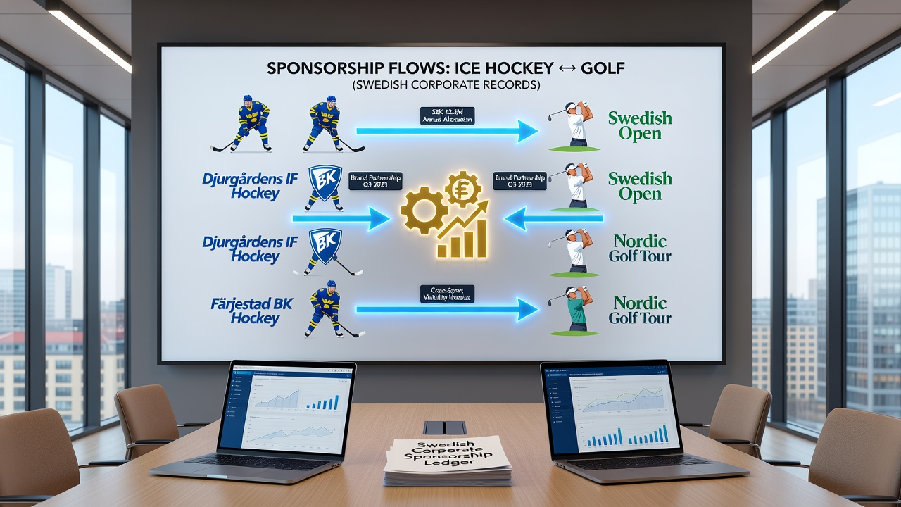 Chart displaying sponsorship amount transfers between Swedish ice hockey teams and golf tournaments from corporate filings