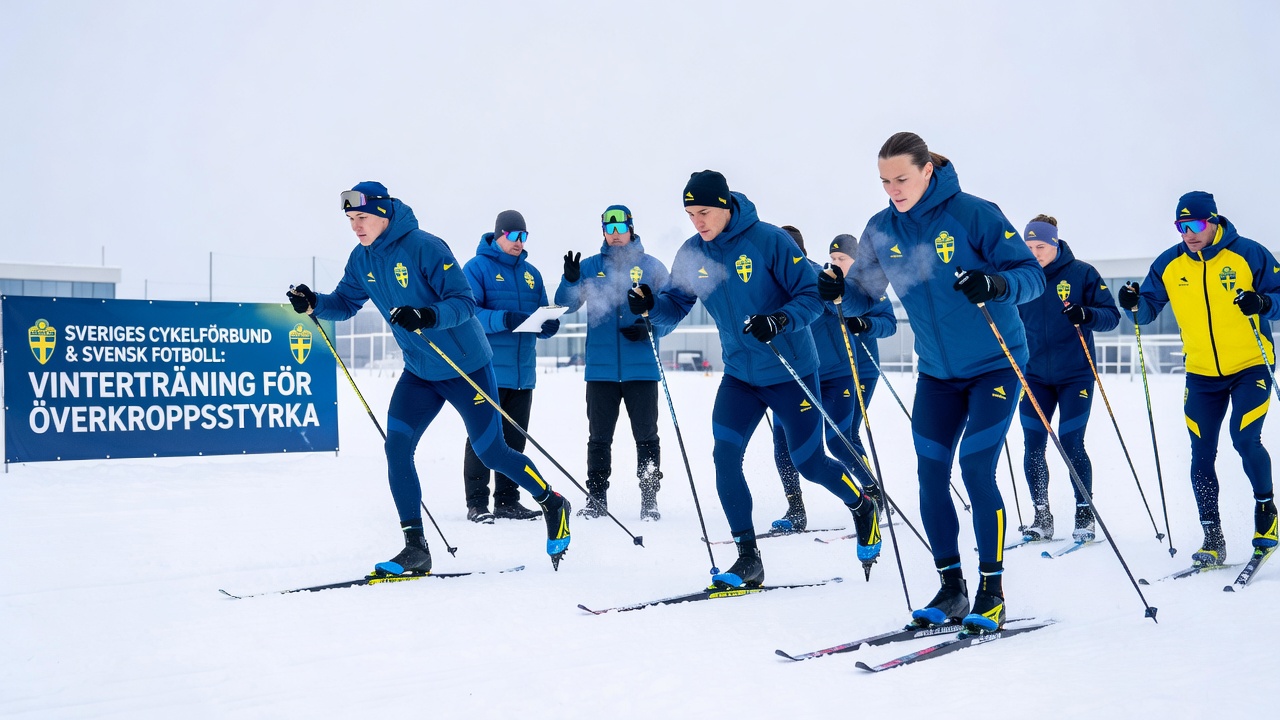 Football midfielders practicing adapted ski pole drills on indoor tracks alongside cycling athletes in a Swedish training facility