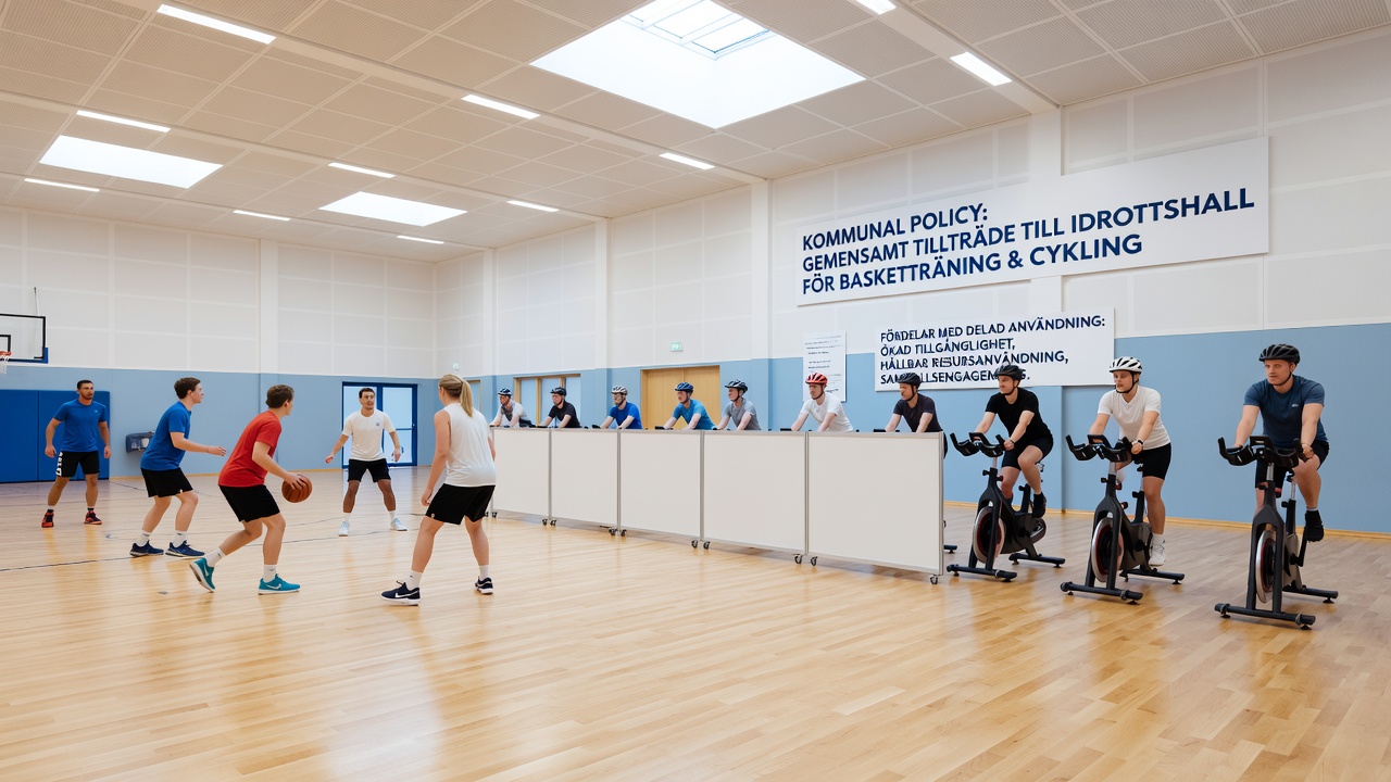 Coaches overseeing regional youth athletes during integrated basketball and cycling simulator sessions in a Swedish municipal facility